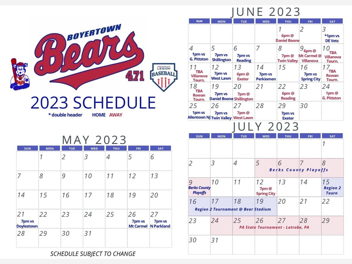 Boyertown Legion Bears 2023 Baseball Schedule Is Finalized!