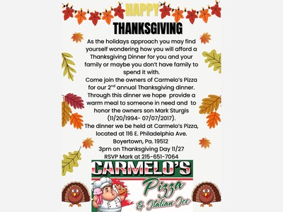 Carmelo's Pizza Invites Those in Need or Without Family to 2nd Annual Thanksgiving Dinner