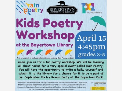 Kids Poetry Workshop April 15 at 4:45: Learn Haiku Writing for Rain Poetry Project