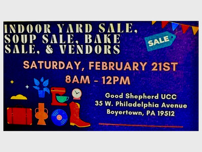 Indoor yard sale, soup sale, bake sale, and vendors